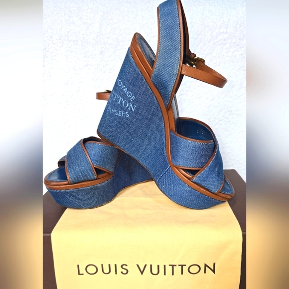 Louis Vuitton Blue Denim Wedge Platform Sandals size 37.5 - Picture 11 of 16